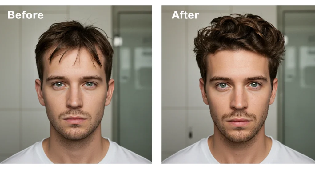 Before and after using sea salt spray on men’s hair