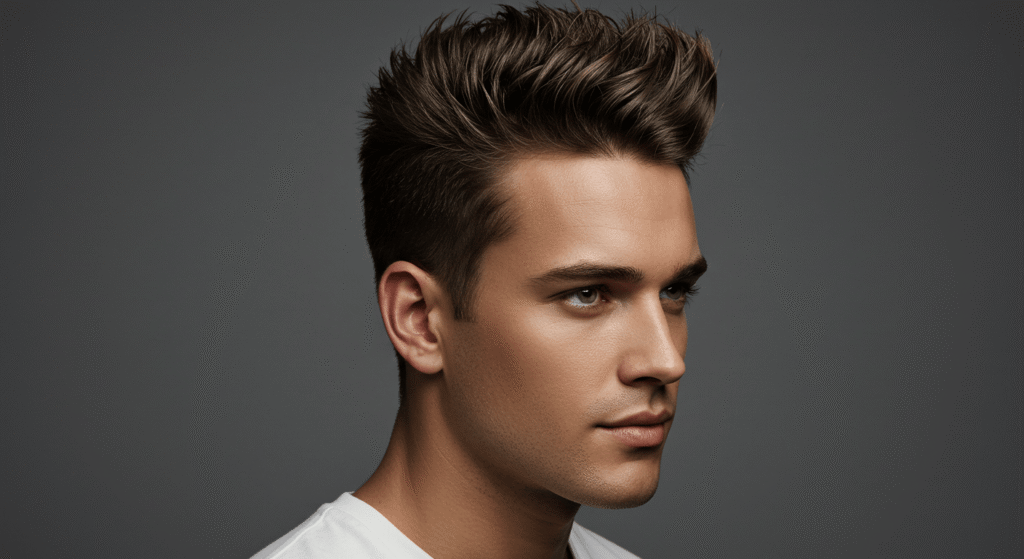 Classic short spiky hairstyle styled upward for a clean