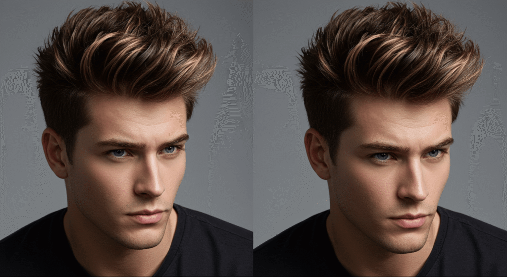 Side-swept spiky haircut combining texture and angled styling