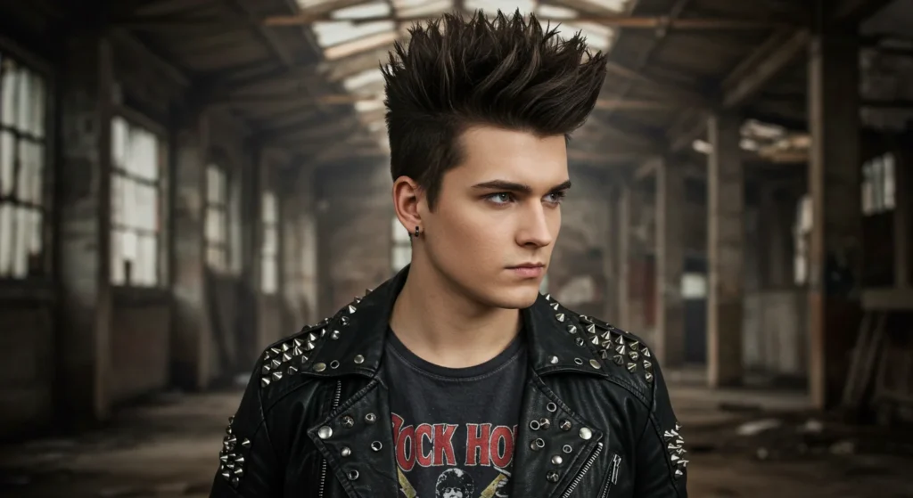 Edgy rocker-style spiky hairstyle for men with textured crown