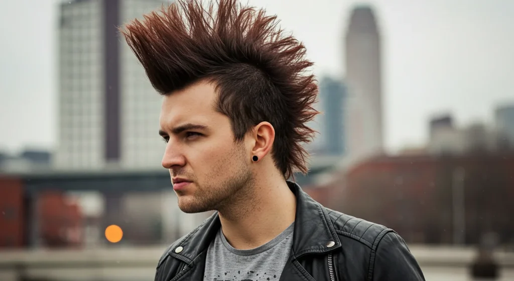 Trendy faux hawk spiky hairstyle for men with textured crown
