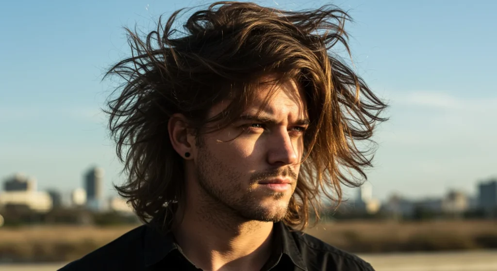 Windswept long spiky hairstyle with tousled texture