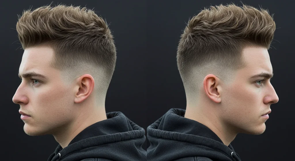 High fade haircut with short spiky textured top