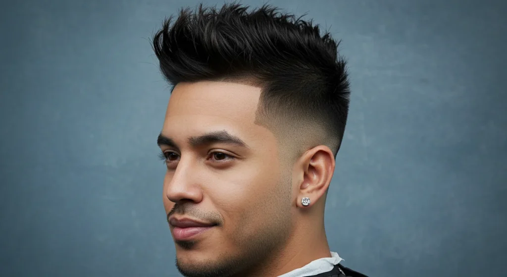 Skin fade haircut with tall textured spiky hair on top
