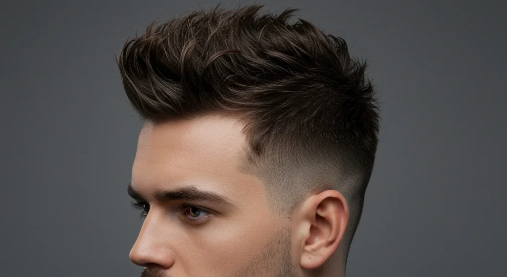 Drop fade haircut featuring medium-length textured spiky hairstyle for men