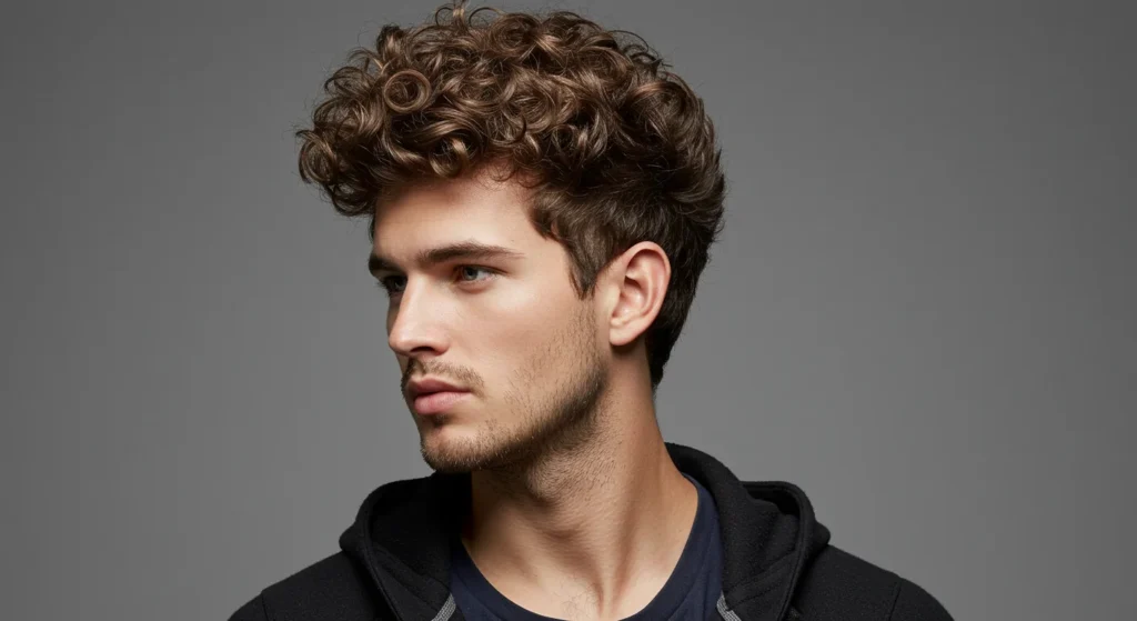 Curly spiky hairstyle for men combining defined curls and edgy spikes