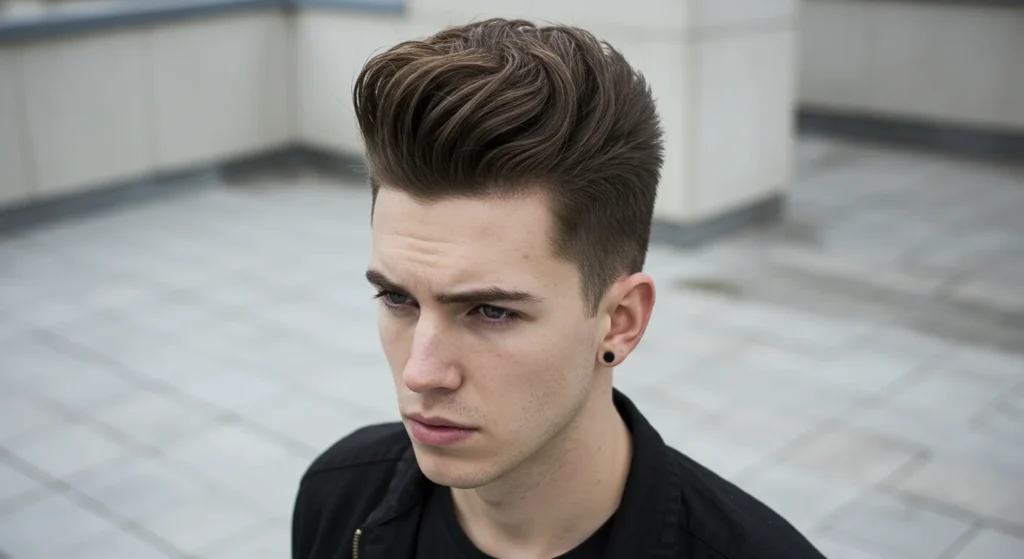 Pompadour hairstyle blended with spiky textured crown