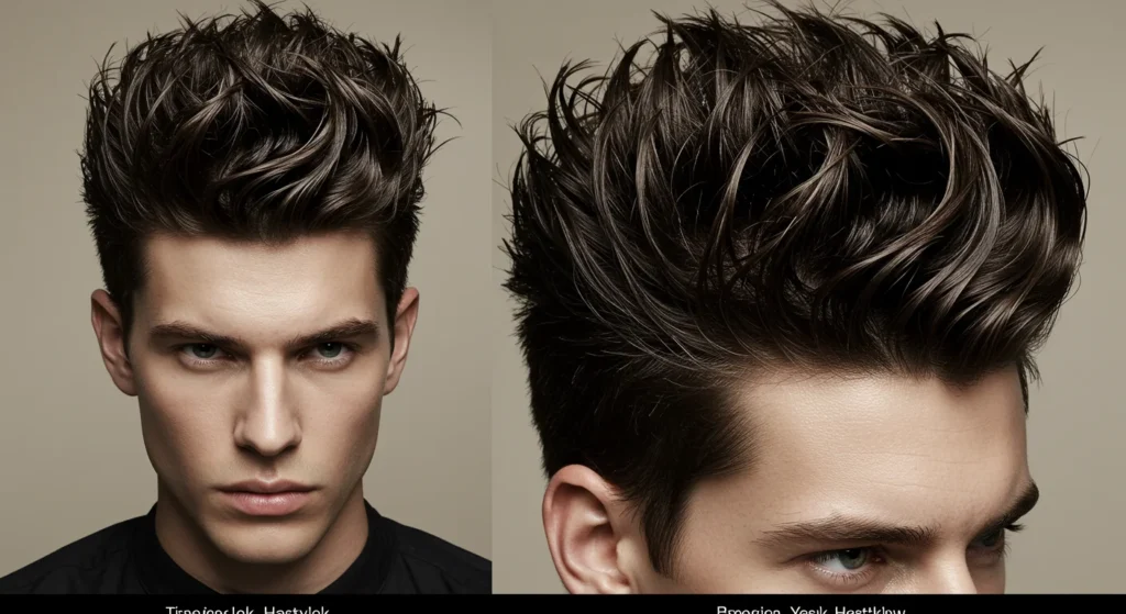 Glossy spiky haircut for men styled with wet-look gel finish