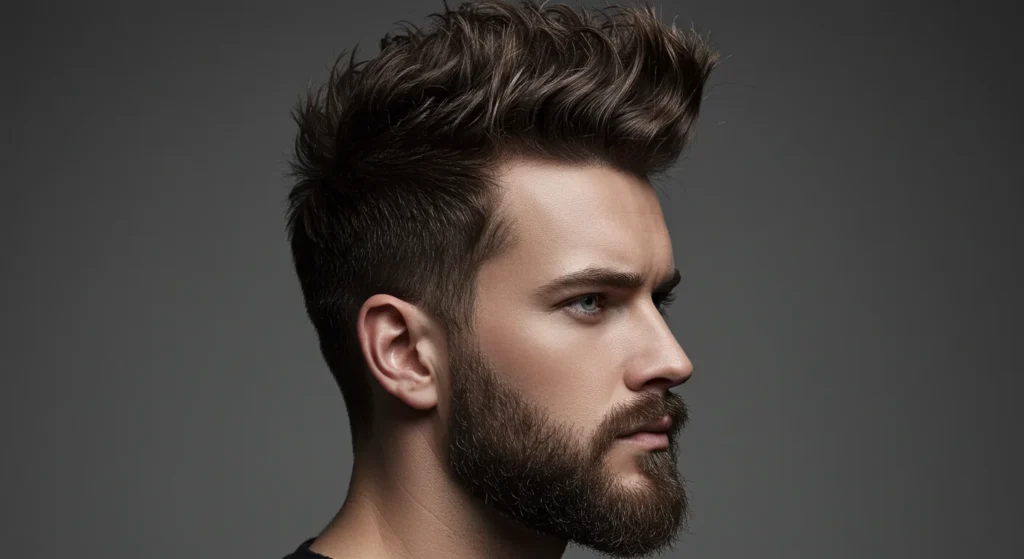 Spiky hairstyle paired with neatly trimmed beard for balance