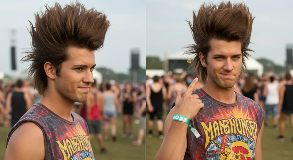 Festival-ready spiky hairstyle with tall colorful spikes