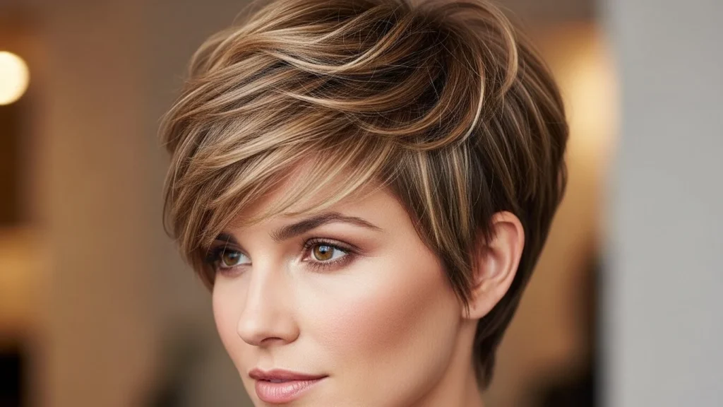 Trending hairstyles for women featuring a textured pixie cut