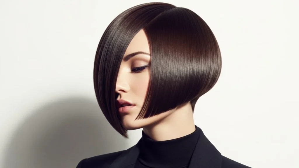Trending hairstyles for women showing a sharp blunt bob