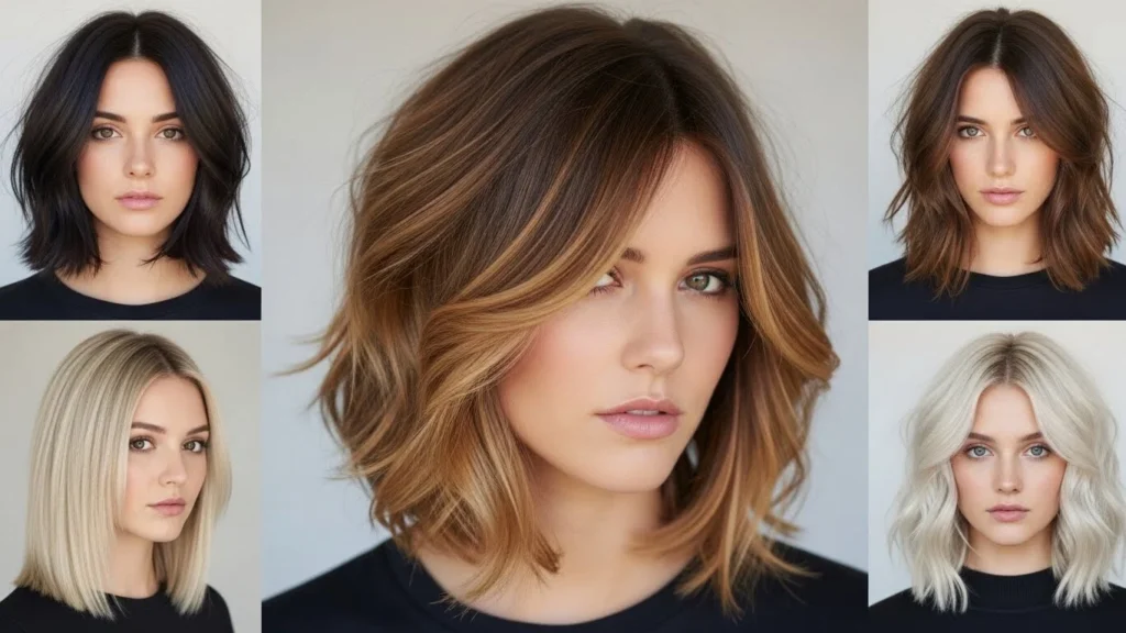 Trending hairstyles for women highlighting a shoulder-length lob
