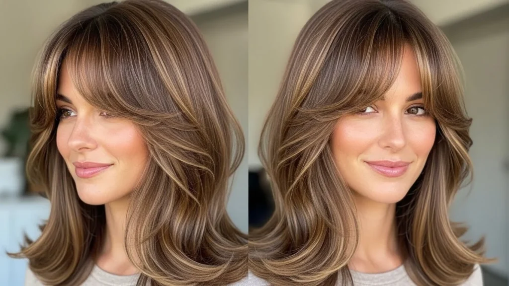 Layered medium haircut with curtain bangs framing