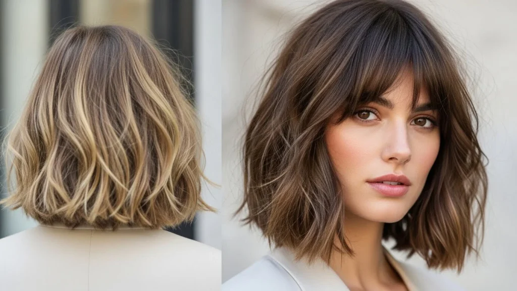 Trending hairstyles for women featuring a French bob
