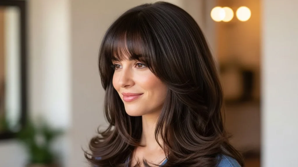 Long haircut styled with bottleneck bangs