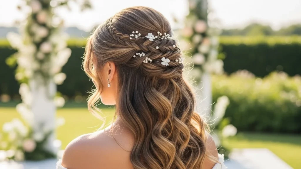 Half-up wedding hairstyle with soft flow