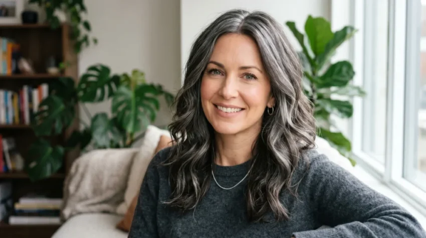 Soft brunette and silver strands with Grey gray blending for dark hair dimension