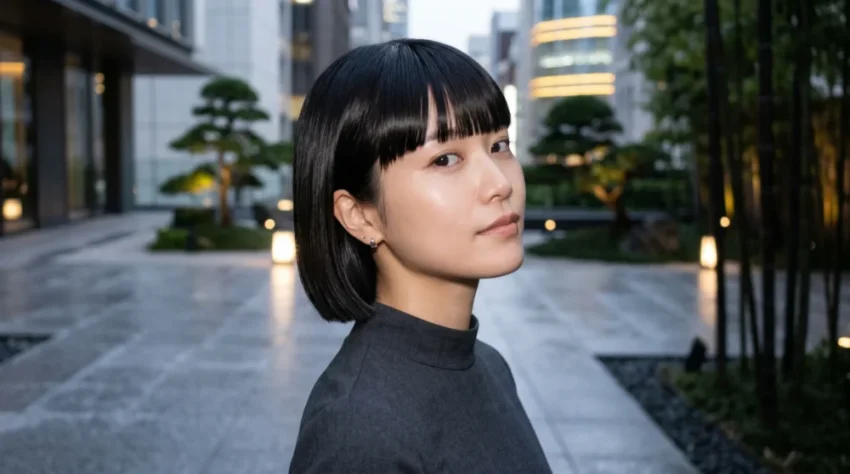 Sleek Japanese bob with sharp chin-length blunt edges