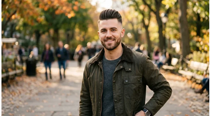 Short sides long top haircut men style with textured top and clean tapered sides