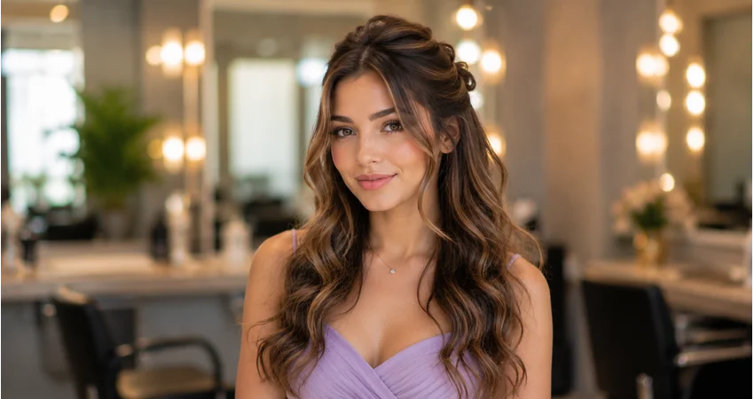 Half-up hairstyle with cascading waves and balanced texture