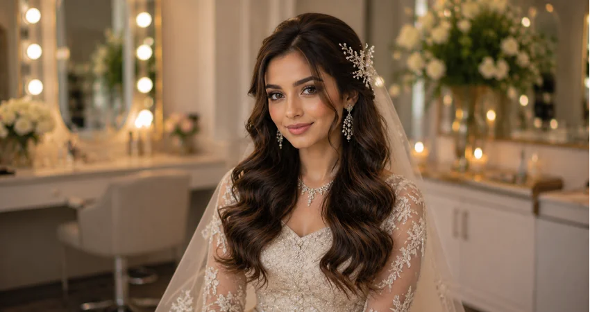 Soft bridal waves paired with elegant wedding accessories