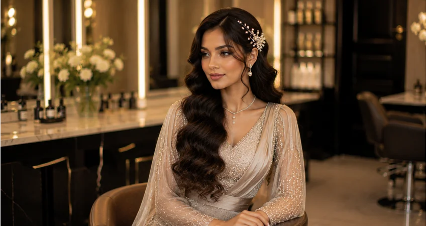 Waterfall waves hair enhanced with pearl pins and elegant accessories