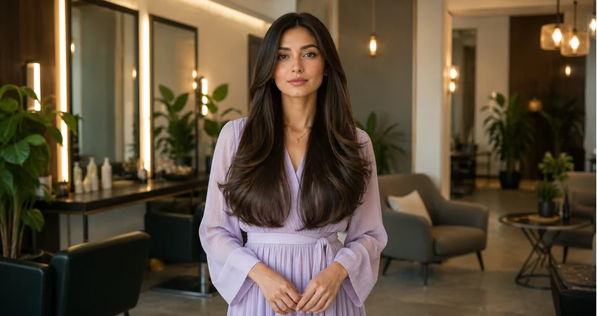 Sleek straight hair styled with soft cascading waves