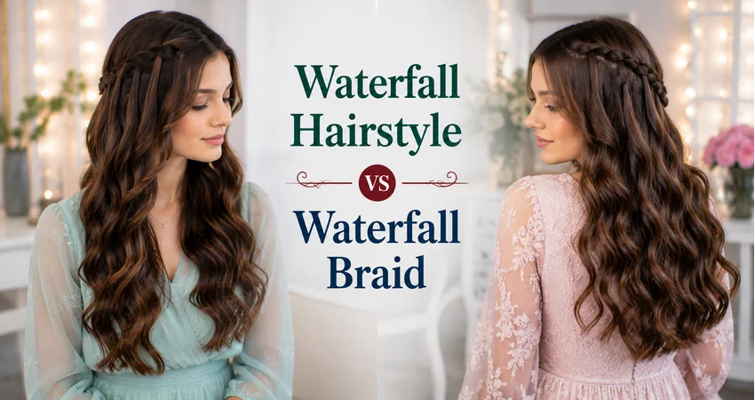 Waterfall hairstyle and waterfall braid shown side by side